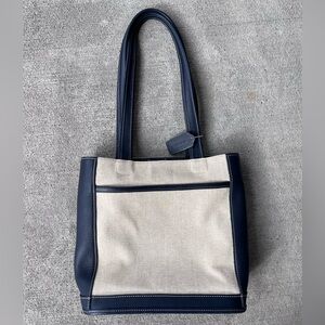 Vintage coach bleeker canvas linen leather tote bag purse navy cream